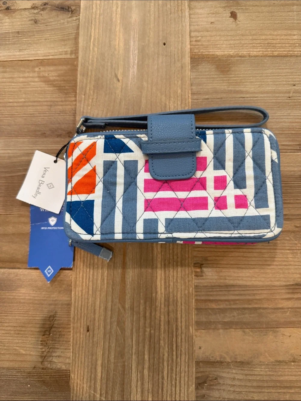 Vera Bradley Blue, White and Pink Geometric RFID Wristlet Wallet - Picture 1 of 9